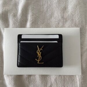 YSL Black Card Holder with Gold Logo